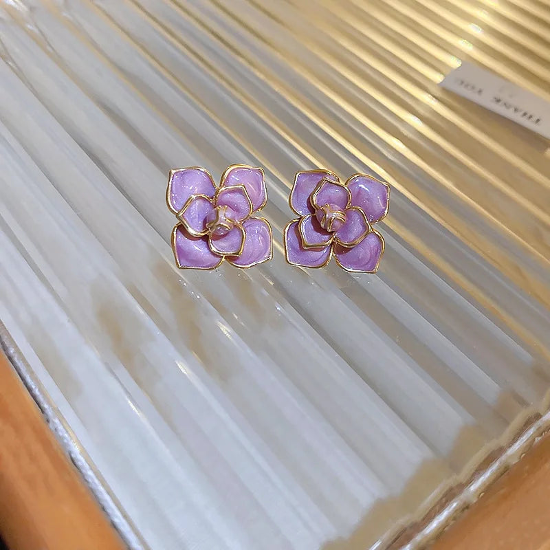 Purple Enamel Flower Stud Earrings for Women Rose Flower Korean Sweet Bohemian Florals Small Earrings 2025 New Year Jewelry