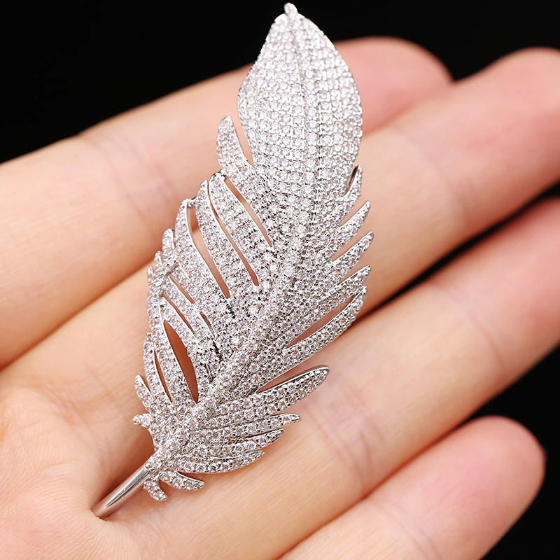 New Fashion Long Feather Brooches for Women Full Rhinestone Luxury Wedding Jewelry Brooch Gold Color Silver Color Metal Brooches