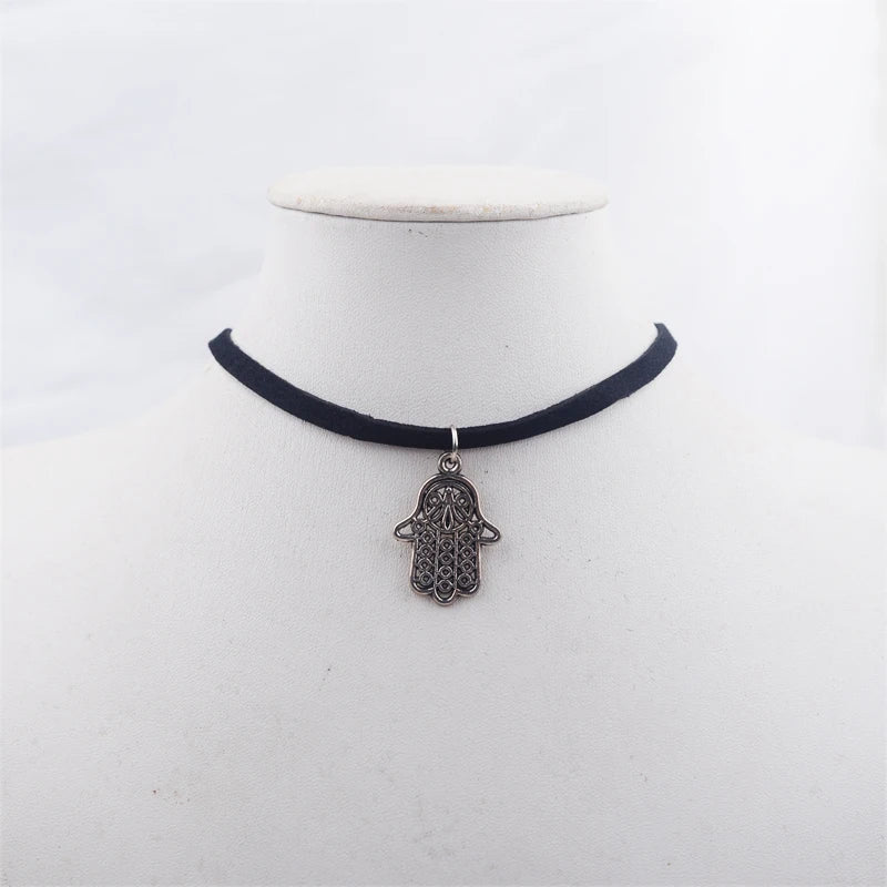 Black Faux Leather Velvet Chokers for Women Short Chain Small Necklaces Punk Skeleton Hand Pendants Collar Christmas Gifts