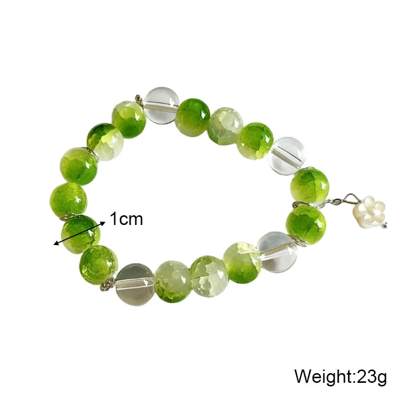 Green Acrylic Crystal Women's Elastic Bracelets Transparent Flower Pendants Sweet Fairy Korean Fashion Wrist Accessories