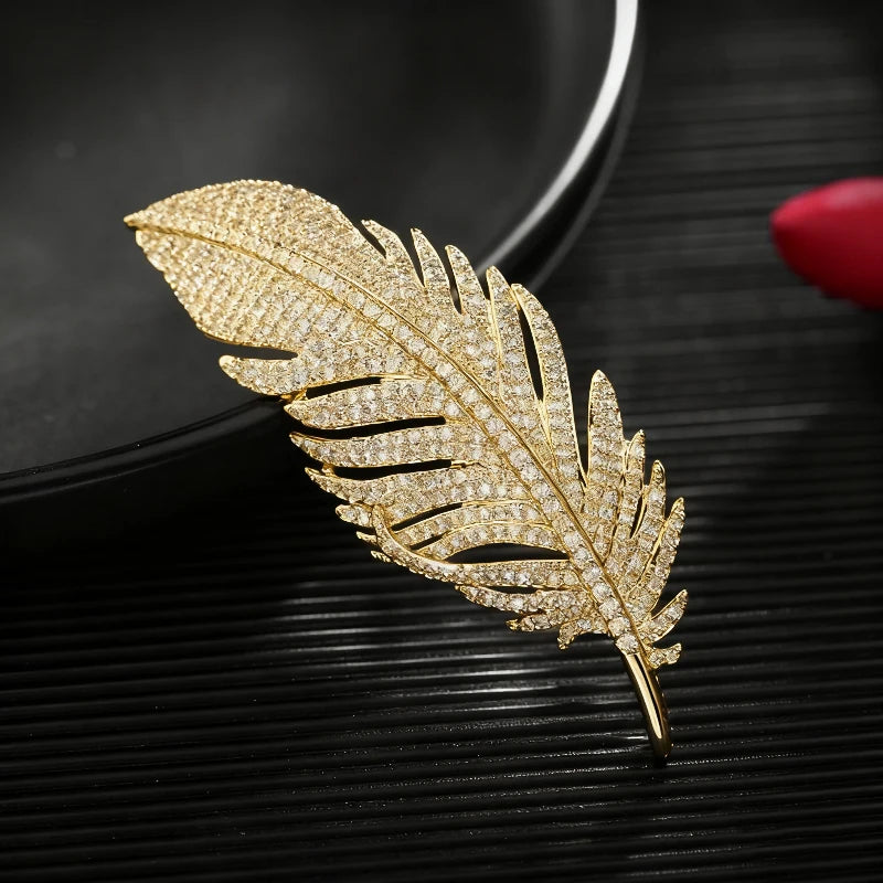 New Fashion Long Feather Brooches for Women Full Rhinestone Luxury Wedding Jewelry Brooch Gold Color Silver Color Metal Brooches