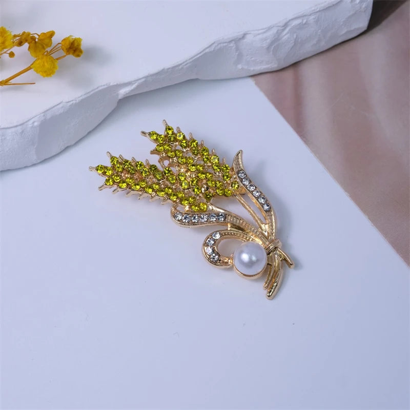 Gold Color Wheat Head Brooch for Women Imitaiton Pearl Crystal Women's Luxury Brooches Autumn Fashion Metal Pins for Clothing