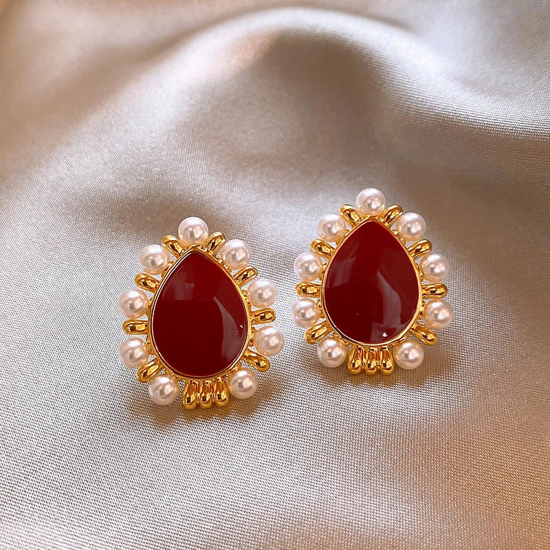 2025 New Trendy Wine Red Water Drop Stud Earrings for Women Imitation Pearl Beads Side Korean Sweet Ear Accessories brincos