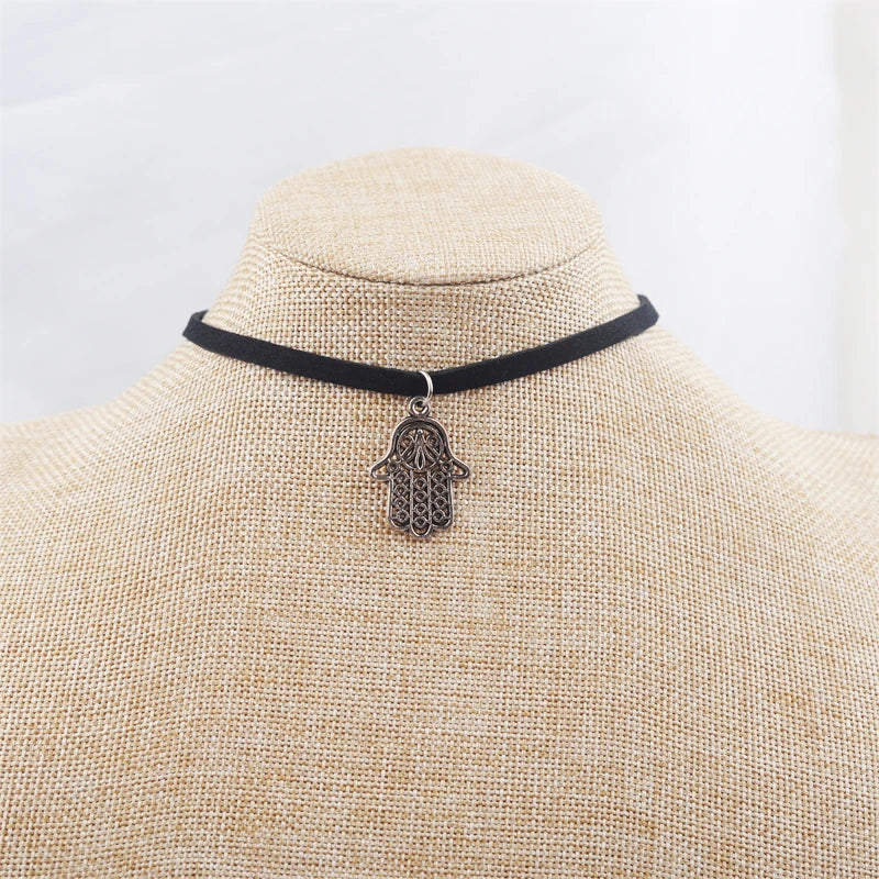 Black Faux Leather Velvet Chokers for Women Short Chain Small Necklaces Punk Skeleton Hand Pendants Collar Christmas Gifts