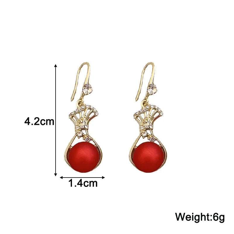New Trend Lucky Bag Hanging Earrings for Women Red Ball Pendants Female Dangle Earrings Elegant Wedding Jewelry Hook Earrings